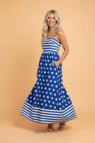 Patchwork Maxi Dress, Polka Dot Summer Dress, Striped Maxi Dress, High Waist Sundress, Women's Boho Dress, Flowy Sleeveless Dress, Mixed Pattern Fashion, Nautical Style Dress.