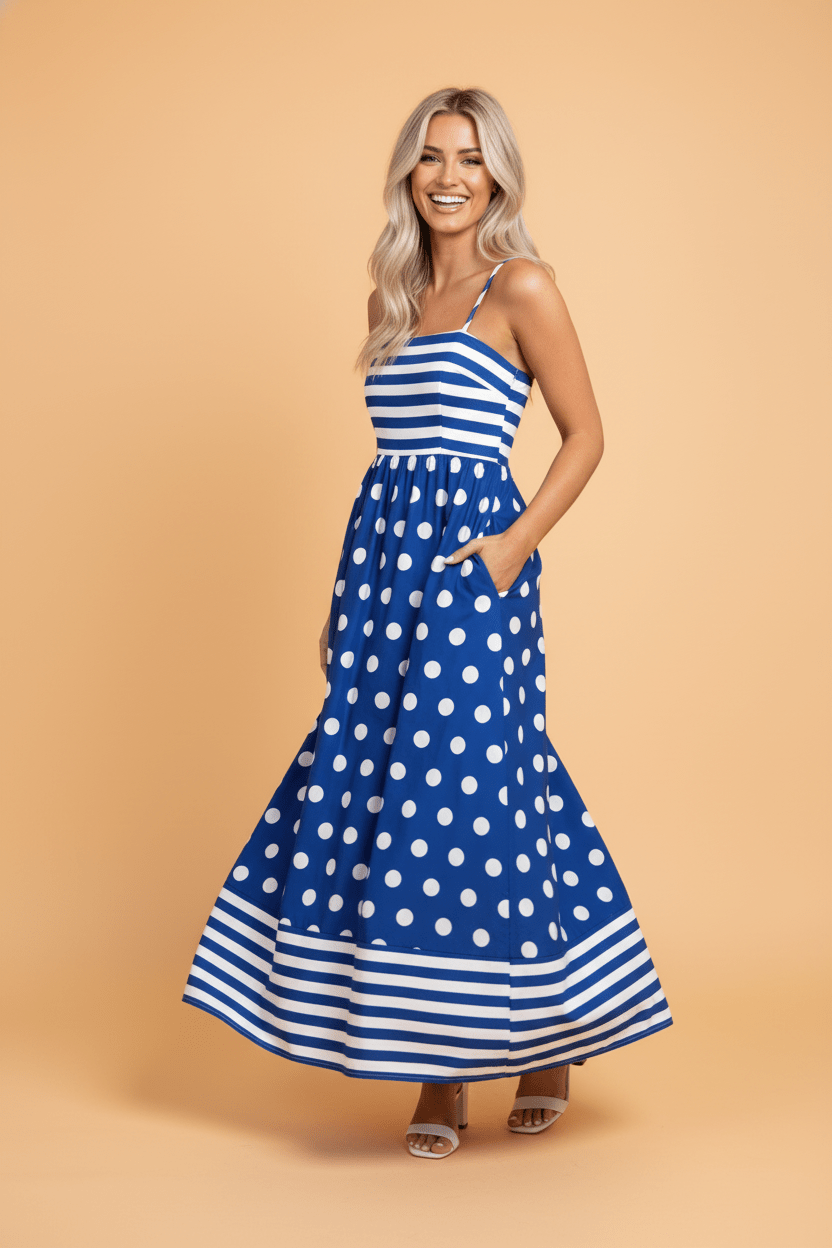 Patchwork Maxi Dress, Polka Dot Summer Dress, Striped Maxi Dress, High Waist Sundress, Women's Boho Dress, Flowy Sleeveless Dress, Mixed Pattern Fashion, Nautical Style Dress.
