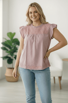 Dusty Rose Blouse, Embroidered Peplum Top, Babydoll Blouse, Women’s Boho Tops, Ruffle Sleeve Shirt, Spring Fashion, Pink Floral Embroidery, Lightweight Woven Top, Feminine Everyday Style