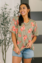 floral v-neck top, cable ribbed knit, boxy floral shirt, women's boho top, stretchy floral blouse, olive floral top, short sleeve cable knit, exposed seam top