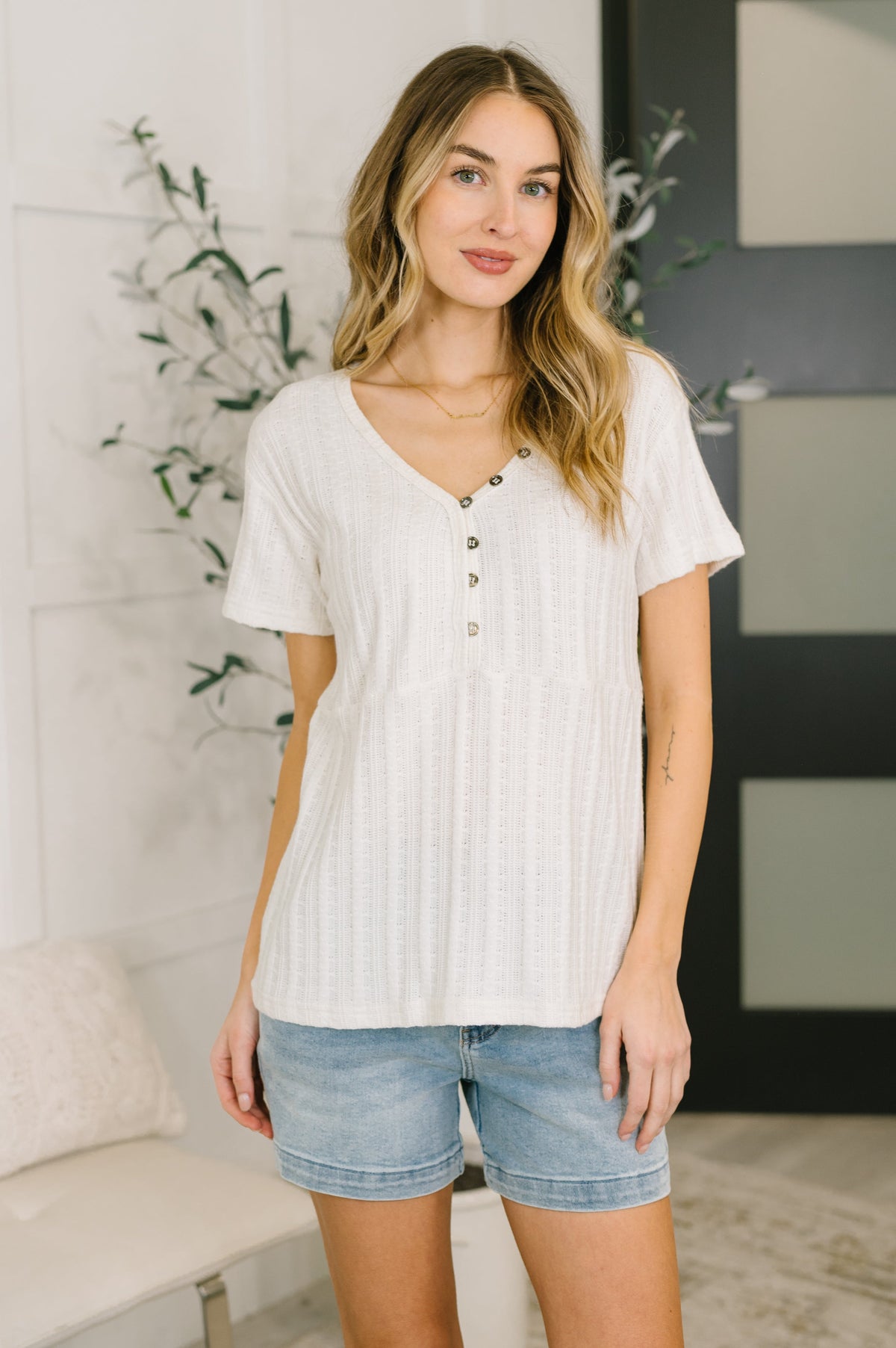 Textured knit top, V-neck button top, lightweight summer knit, women's sheer top, casual elegant top, ivory knit shirt, henley knit top, breathable women's fashion.