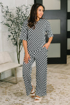 Checkered lounge set, women's wide leg loungewear, jersey knit matching set, high waisted lounge pants, trendy loungewear 2024, soft pajama set with pockets, checkered co-ord set.