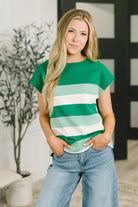 Waffle knit top, striped cap sleeve shirt, women’s relaxed fit top, stretch crew neck, green striped shirt, effortless casual style, premium jersey knit, breathable women's fashion.