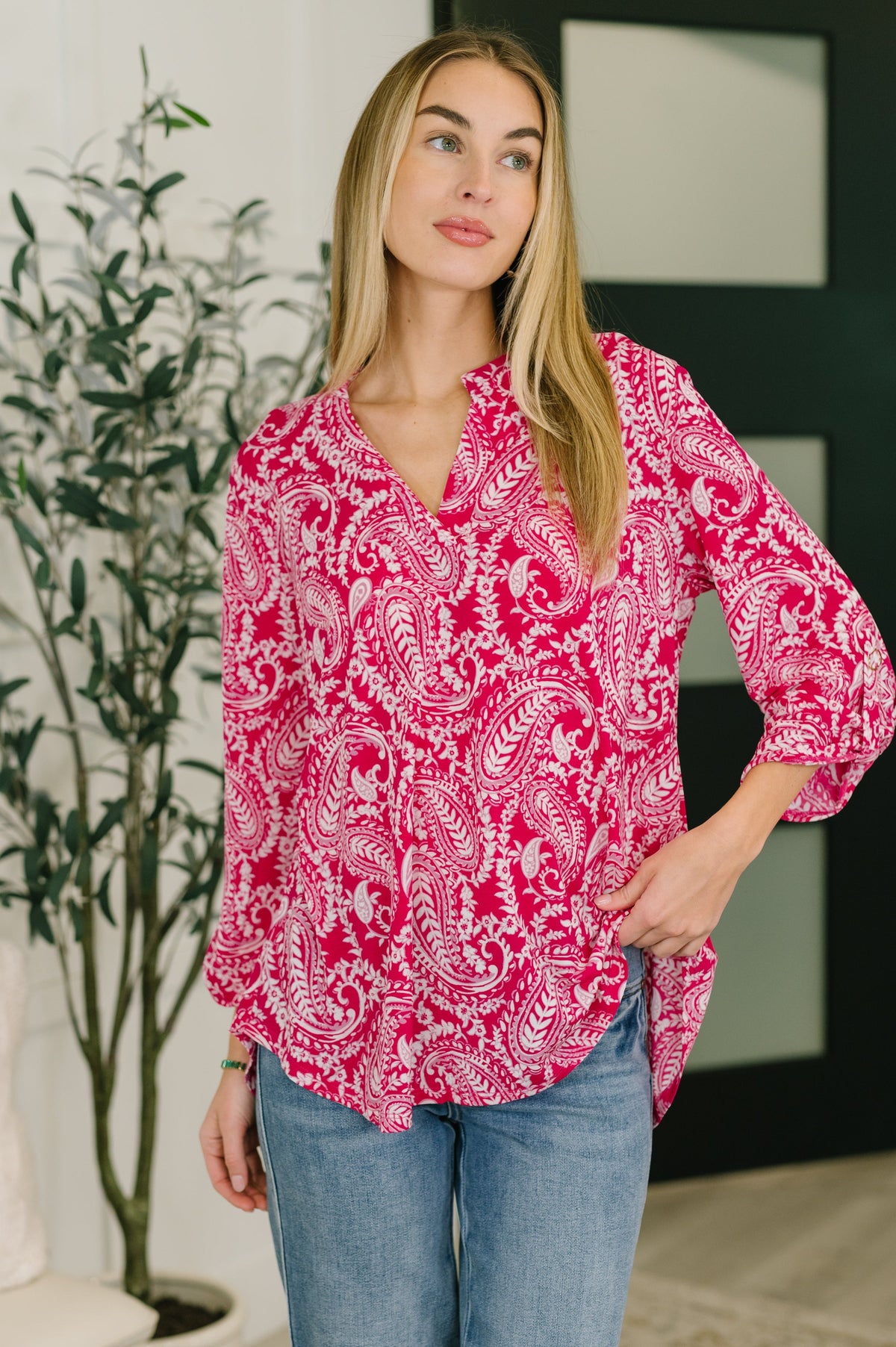 Pink paisley top, women's v-neck tunic, Bulgari fabric shirt, 3/4 sleeve paisley blouse, pink floral top, travel-friendly women's clothing, scoop hem blouse, Lizzy top pink paisley.