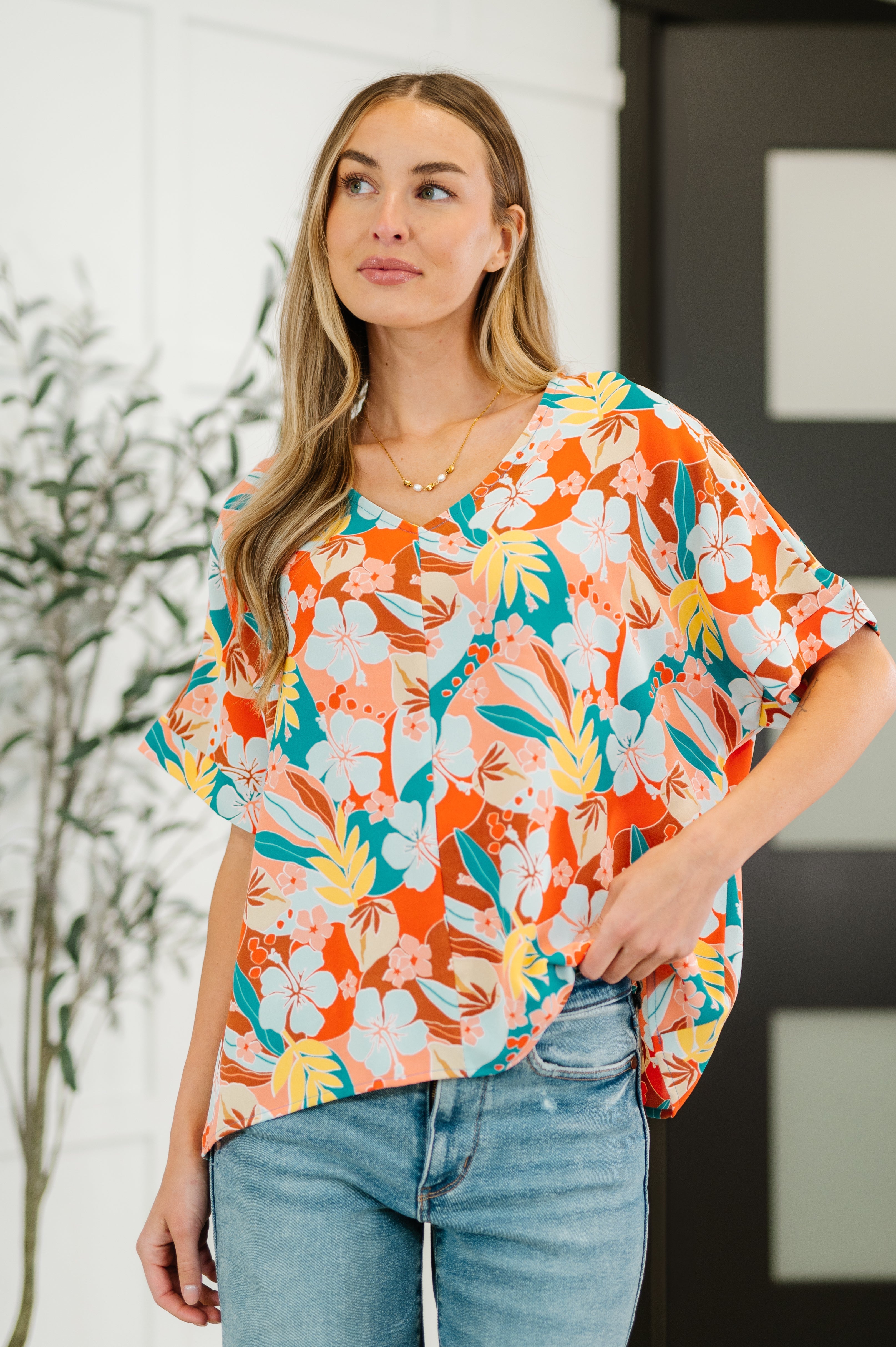 V-neck top, floral batwing blouse, lightweight poplin shirt, women’s tropical top, summer floral blouse, relaxed fit V-neck, effortless chic top, FabKnits clothing