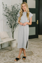 Heather grey dress, cotton midi dress, casual t-shirt dress, jersey knit dress, relaxed fit dress, everyday lounge dress, women's stretch dress, grey casual dress, FabKnits clothing.