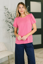 Fuchsia blouse, balloon sleeve top, ribbed knit shirt, women’s pink blouse, cable knit top, Grace and Virtue, elegant casual wear, stretch knit blouse