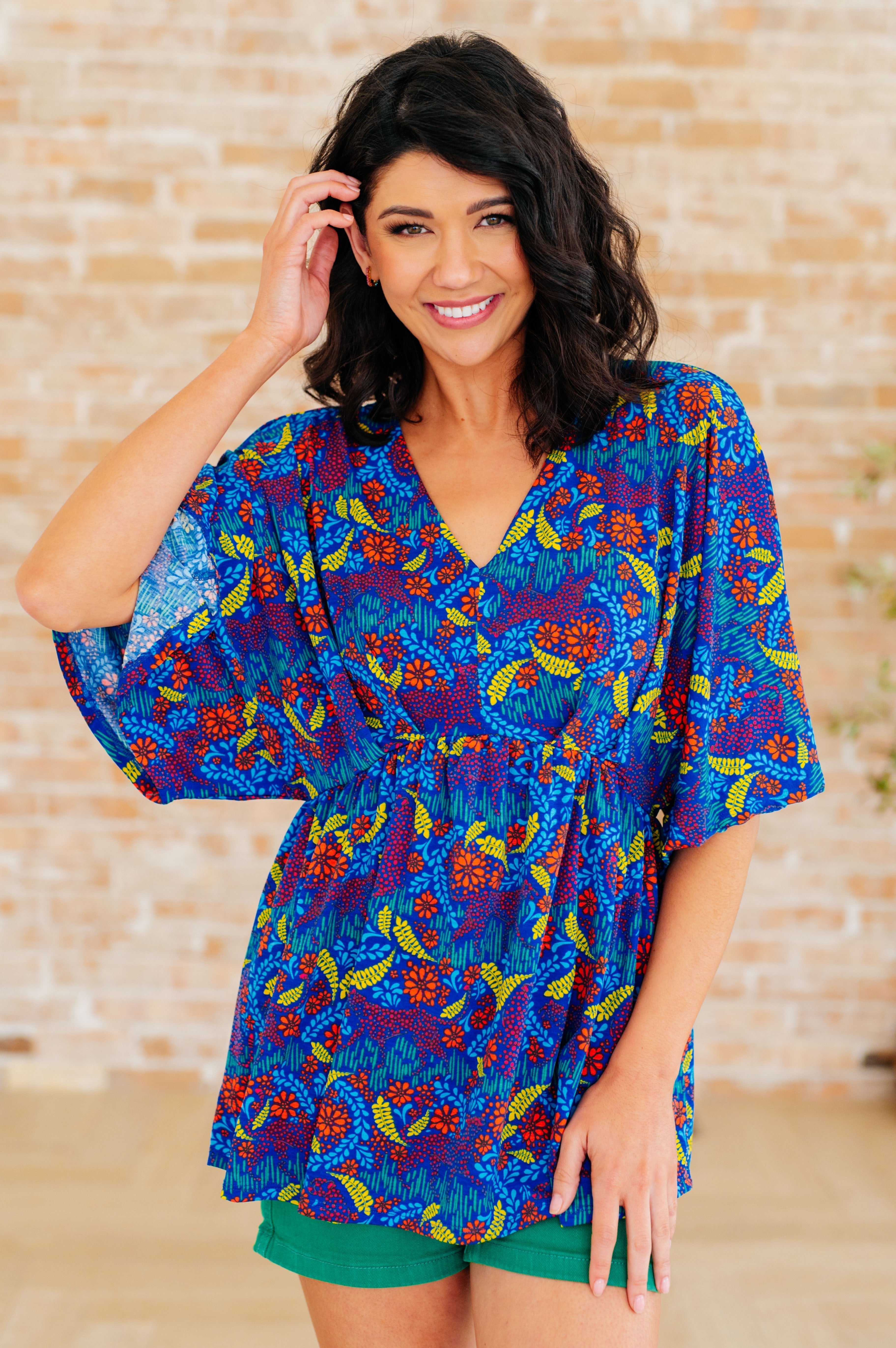 Royal blue peplum top, red abstract blouse, dolman sleeve shirt, women's elastic waist top, flattering peplum blouse, boutique fashion tops, Bulgari fabric clothing.