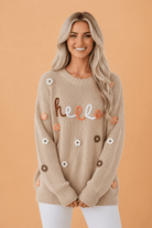 Floral embroidered sweater, oversized knit top, "Hello" script sweater, beige longline knitwear, feminine casual sweater, cotton blend knit, aesthetic cottagecore sweater, lightweight loose fit sweater.