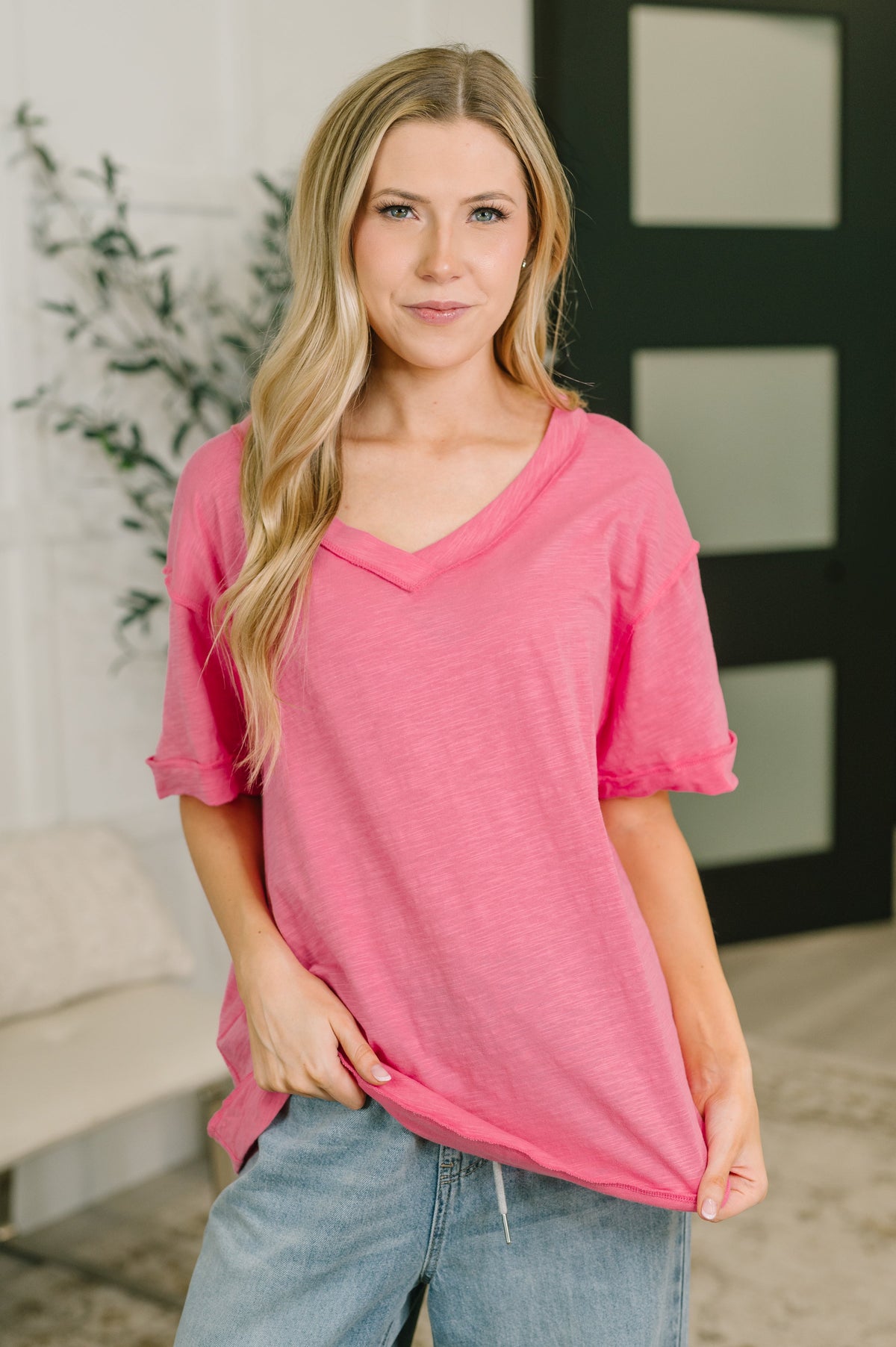 pink relaxed tee, women's heathered v-neck, 100% cotton pink top, drop shoulder t-shirt, boutique casual wear, exposed seam tee, lightweight summer knit, pink lounge top