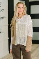 loose knit sweater, V-neck sweater, lightweight knitwear, boho-chic top, women’s colorblock sweater, relaxed fit sweater, drop shoulder top, breathable summer sweater