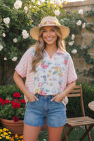 Women's floral top, mixed print shirt, pink striped polo, summer garden party outfit, watercolor floral blouse, lightweight summer top, feminine polo shirt, boho chic apparel.
