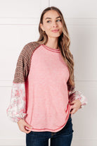 Floral color block top, mixed media women's shirt, balloon sleeve blouse, boho raglan top, pink ribbed knit top, plaid and floral shirt, boutique style tops, contrast sleeve top.