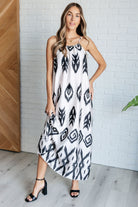Printed maxi dress, square neck dress, geometric print fashion, boho maxi dress, adjustable strap dress, woven maxi dress, women's boutique dress, summer maxi style.