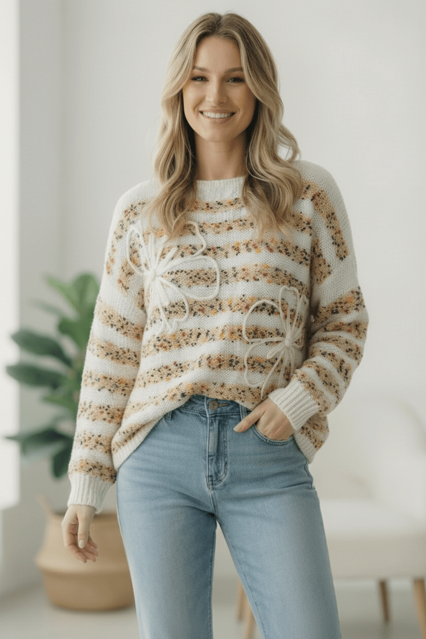 3D flower sweater, oversized floral knit, popcorn stripe sweater, boutique women's sweaters, long sleeve crewneck, casual spring knitwear, textured oversized sweater