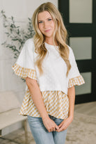Gingham print top, ruffle sleeve blouse, dolman sleeve top, women's knit top, poplin contrast top, feminine casual wear, boutique fashion, yellow gingham shirt.