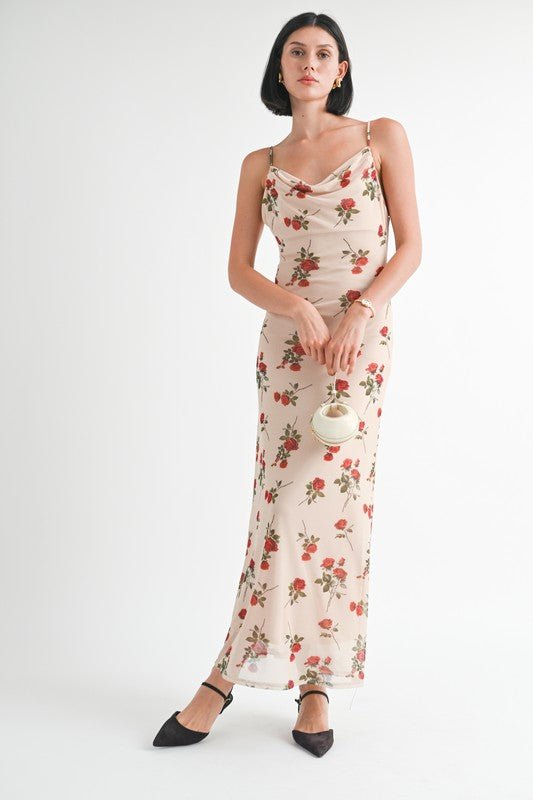 Cowl neck maxi dress, floral open back dress, rose print maxi, wedding guest dress, made in USA clothing, romantic evening gown, summer floral maxi, backless floral dress.