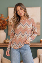 Chevron long sleeve, women’s knit top, earthy print shirt, zigzag sweater, fall casual wear, relaxed fit top, boho long sleeve, lightweight knit pullover.