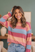 Ribbed knit top, color block sweater, striped long sleeve, women's casual tops, magenta and peach stripe shirt, relaxed fit knitwear, soft loungewear top.