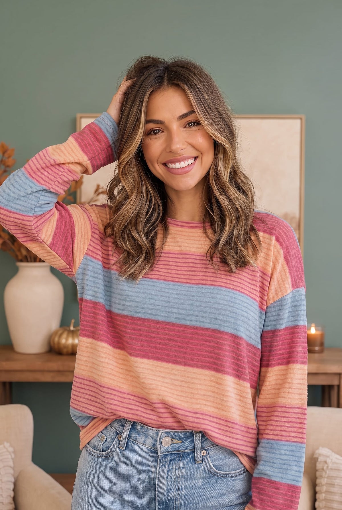 Ribbed knit top, color block sweater, striped long sleeve, women's casual tops, magenta and peach stripe shirt, relaxed fit knitwear, soft loungewear top.