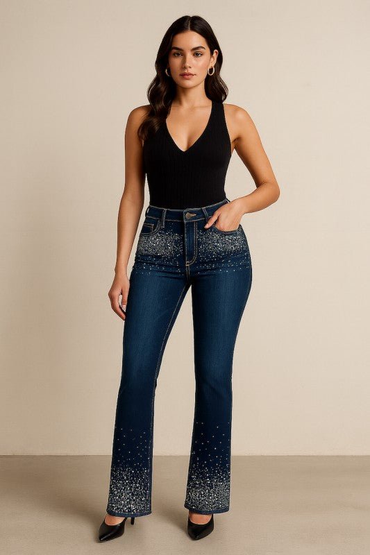 Rhinestone jeans, bootcut denim, premium stretch jeans, Made in USA denim, sparkling flare pants, luxury women’s jeans, night out style, Los Angeles fashion.