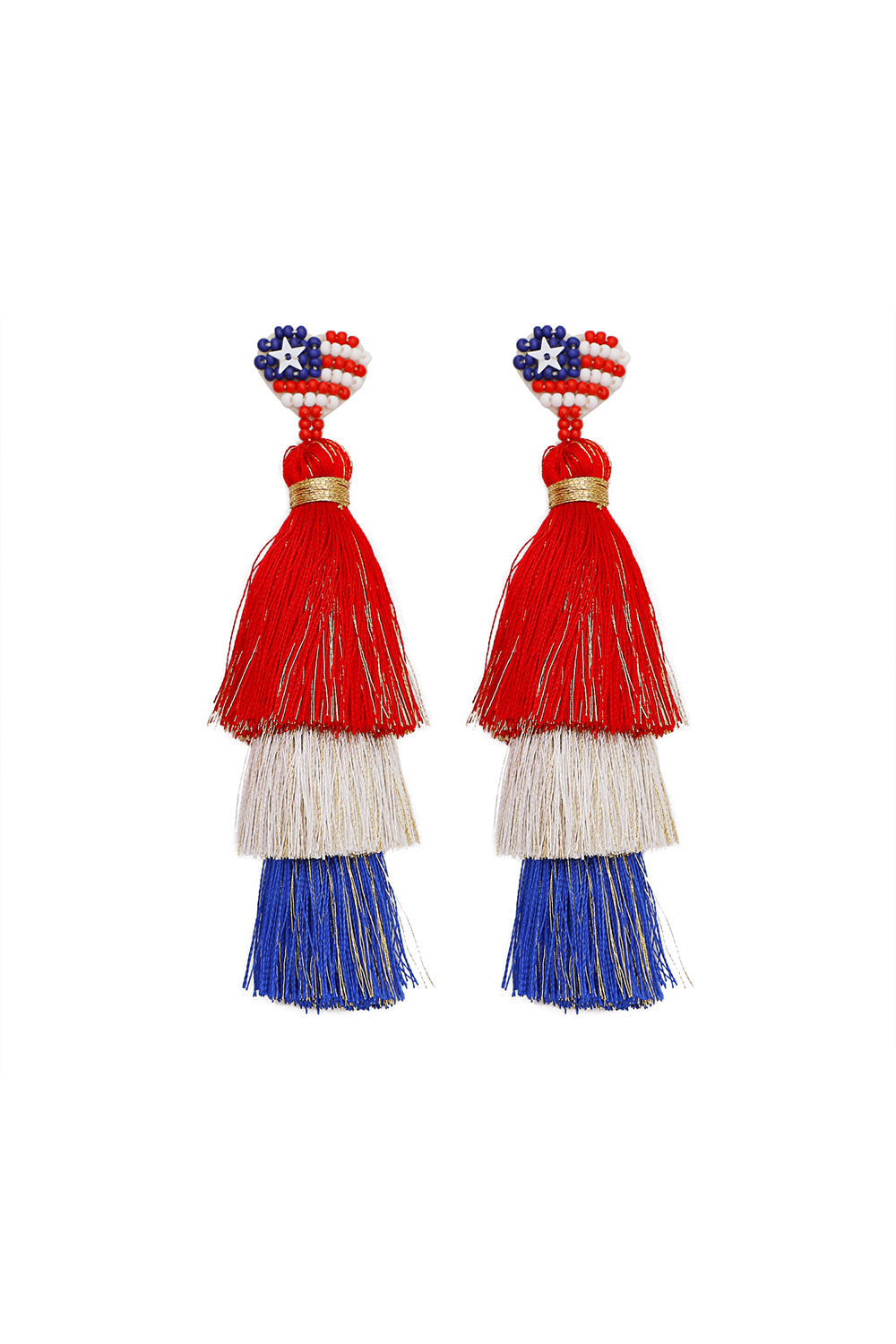 Pair of tassel earrings with red, white, and blue colors on a white background